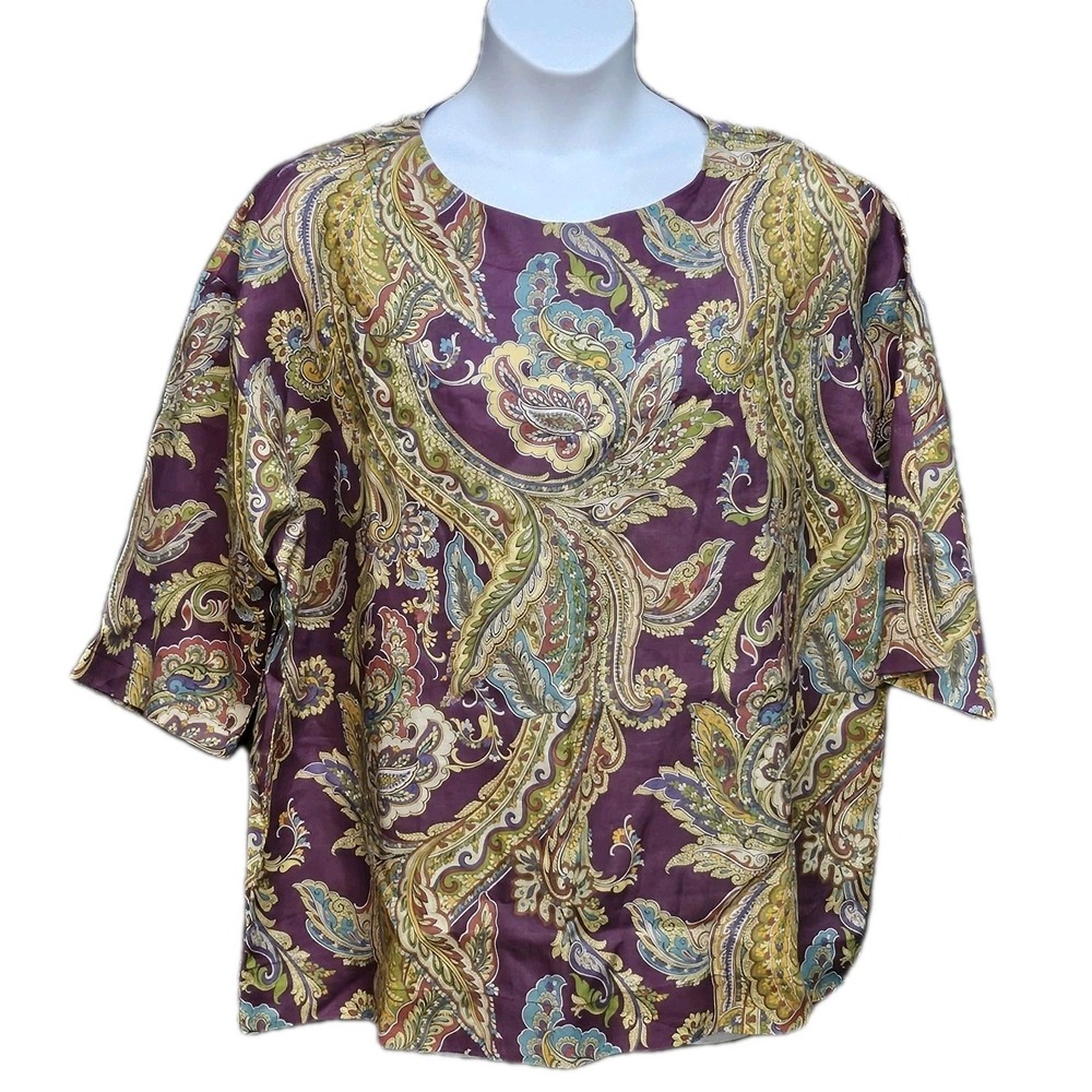 Bryn Walker Linen Tunic Top Women L Paisley Boxy Lagenlook Minimalist Artsy Boho